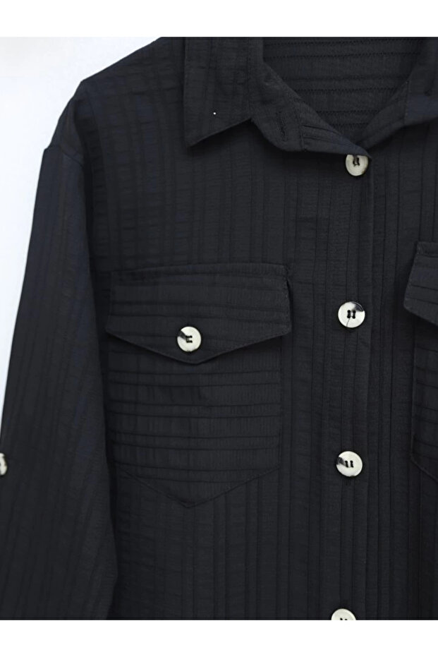 قميص منسوج بأزرار وأغطية للجيوب - أسود - 2