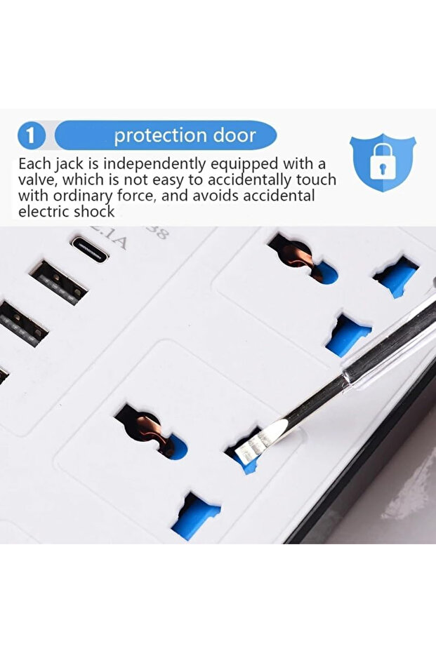 شريط طاقة مزود بمقبس مسطح وواقي من زيادة التيار، ومنافذ تيار متردد متعددة، و3 منافذ USB، وشريط طاقة صغير الحجم. - 5