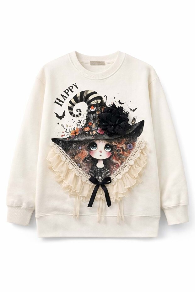 Girl's 3D Appliqued Printed Sweatshirt - Ecru - 8-9 Years