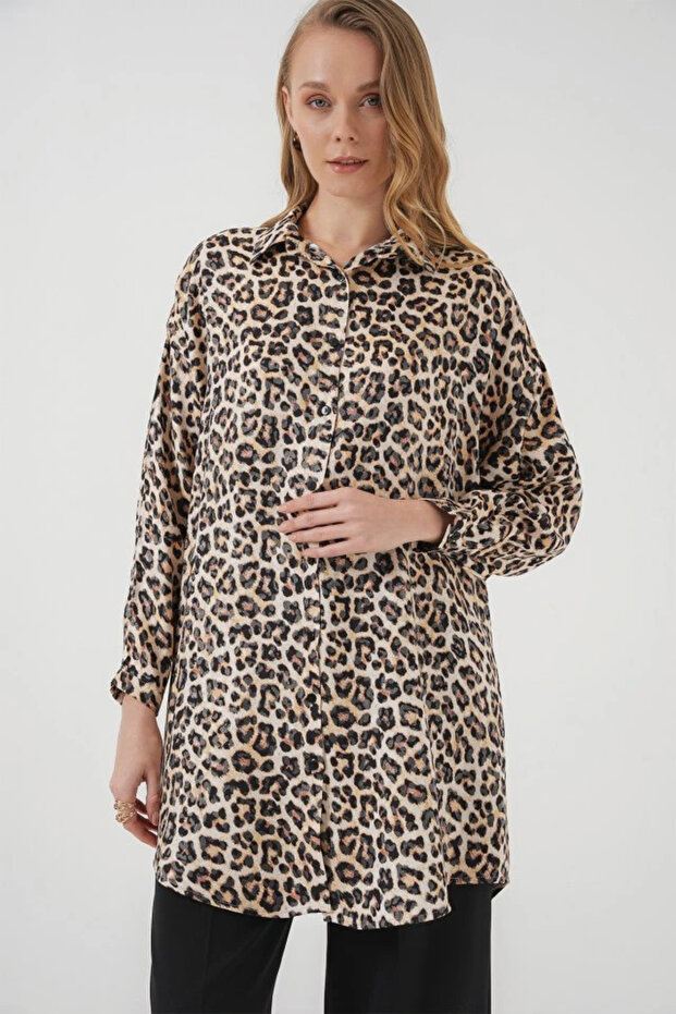 5944 تونيك قميص طويل منقوش - بيج - 4