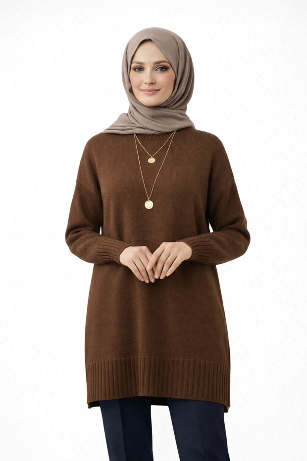 Brown Crew Neck Oversized Women's Sweater Tunic