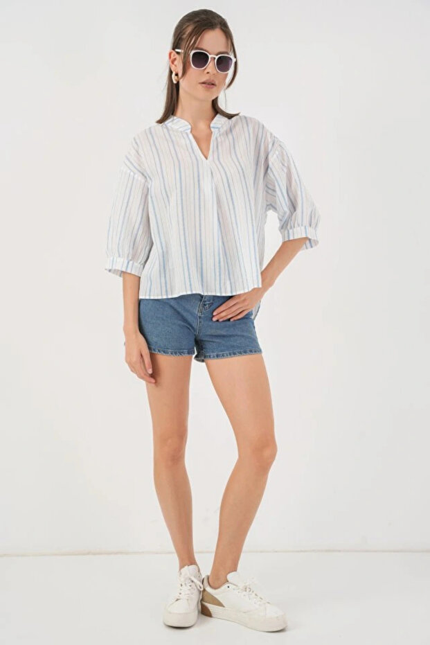 بلوزة مخططة قصة فضفاضة 967 - أ.أزرق - 2