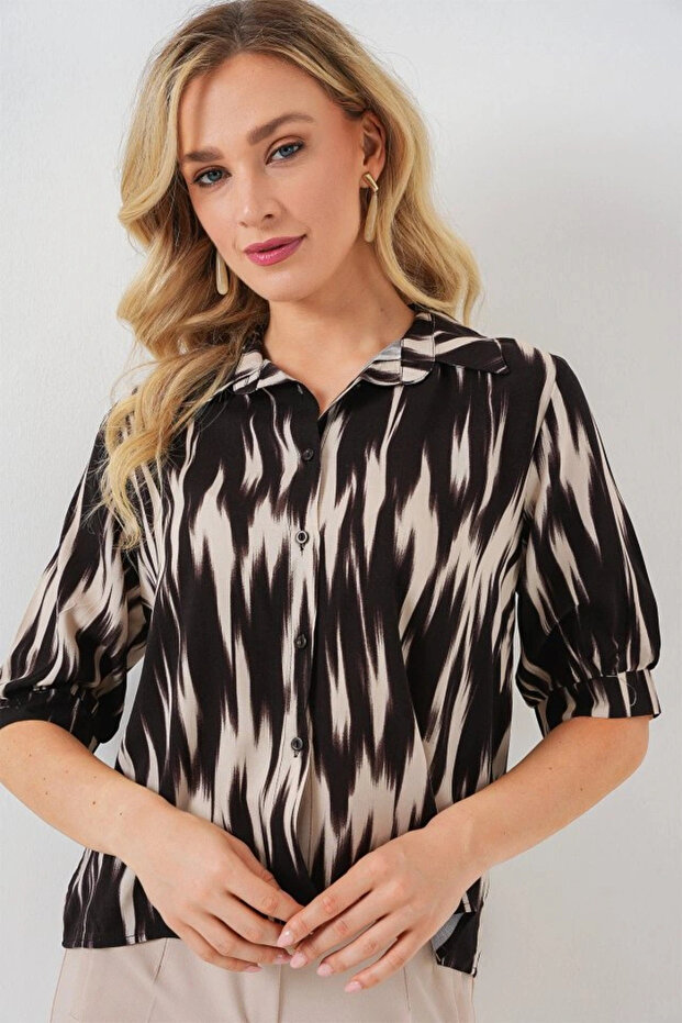 قميص قصير الأكمام منقوش 20337 - أسود - 3