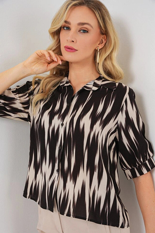 قميص قصير الأكمام منقوش 20337 - أسود - 4