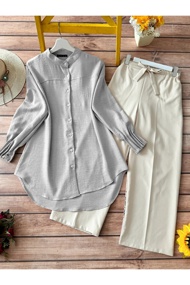قميص بأكمام مطوية منسدل بقصة بيضاوية - رمادي - 1