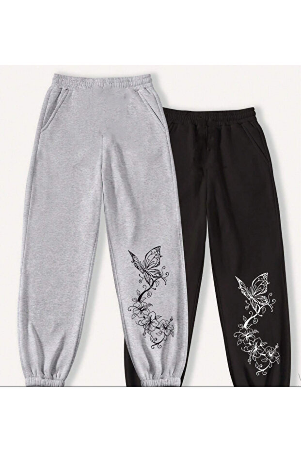 Kelebek Printed Sweatpants Grey-Black Rubber Leg 2-Piece Set