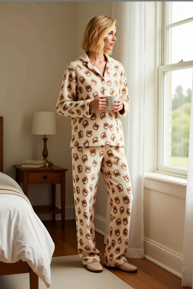 Women's Shirt Collar Standard Sleeve Regular Fit Animal Pattern Wellsoft Pajama Set