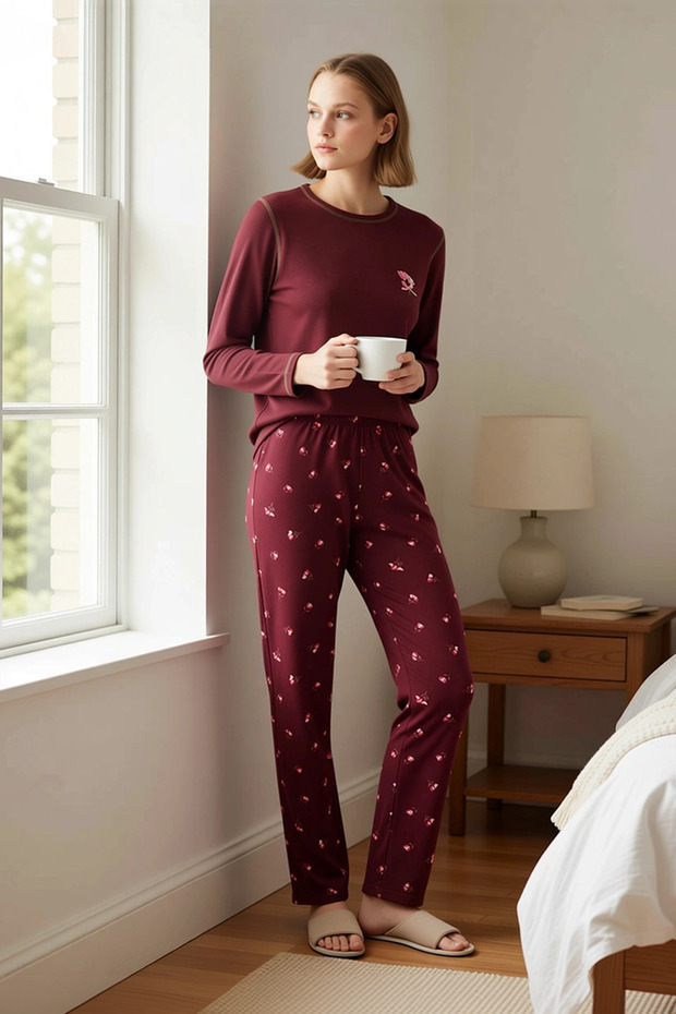 Women's Long Sleeve Boat Neck Regular Fit Waffle Knitted Pajama Set Functional Durable Stylish