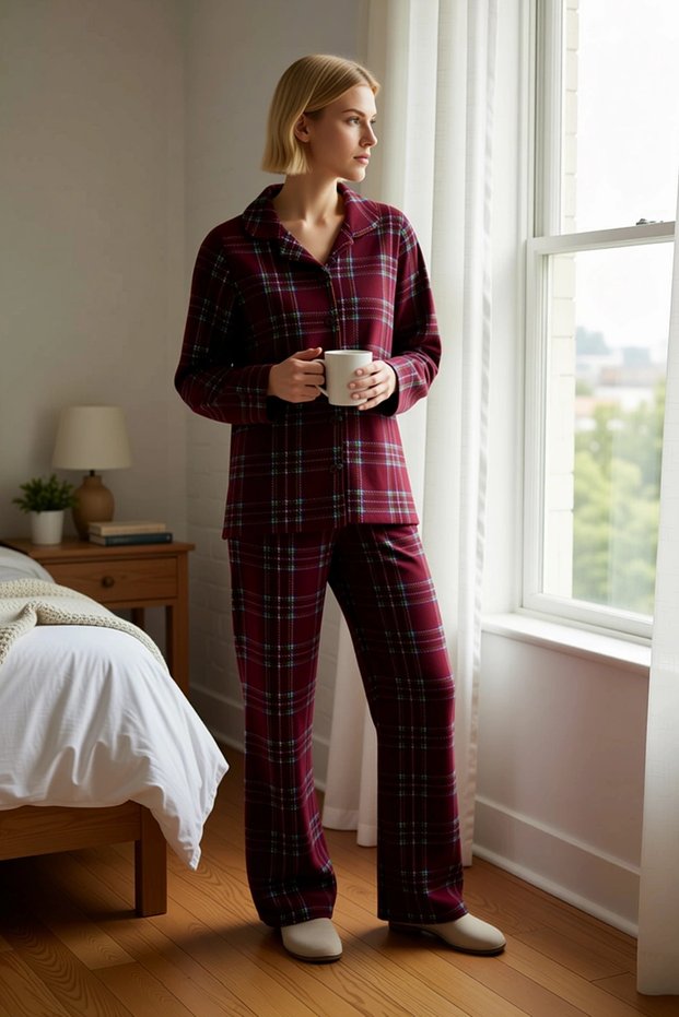 Women's Plus Size Shirt Collar Long Sleeve Plaid Fleece Pajama Set Functional Durable Stylish