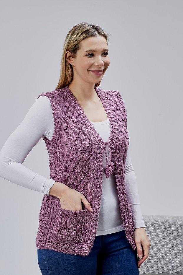Women's Angora Silvery Wool Knitted Pocketed Mother Knitwear Vest