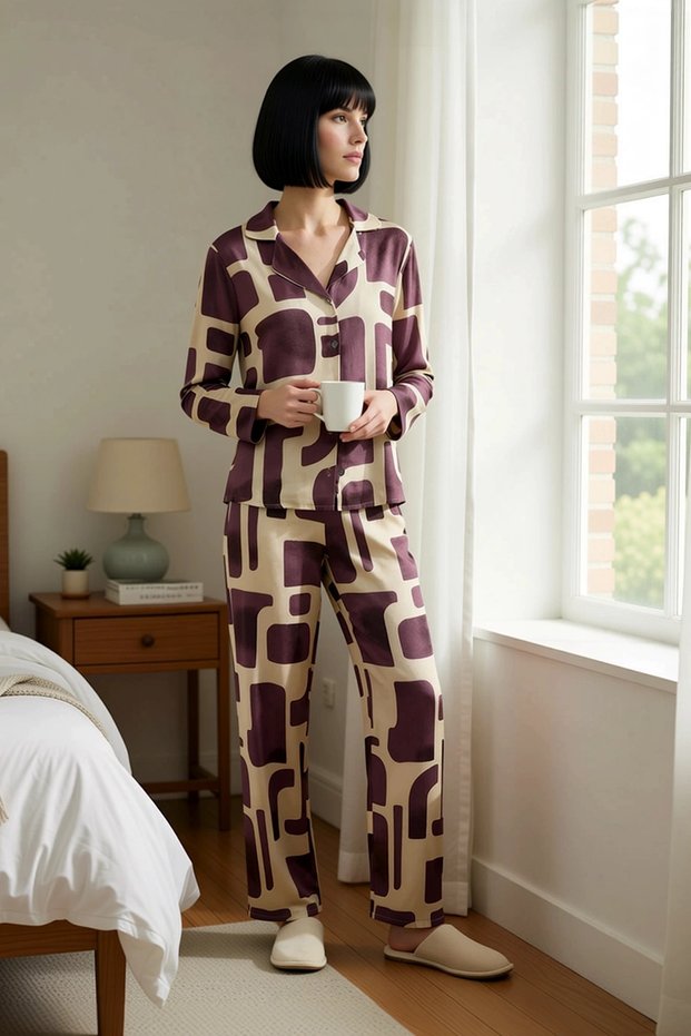 Women's Shirt Collar Long Sleeve Regular Fit Woven Shally Pajama Set Functional Durable