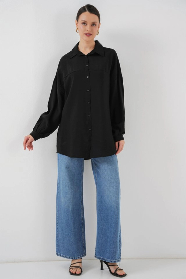 قميص طويل قصة فضفاضة 5965 - أسود - 2