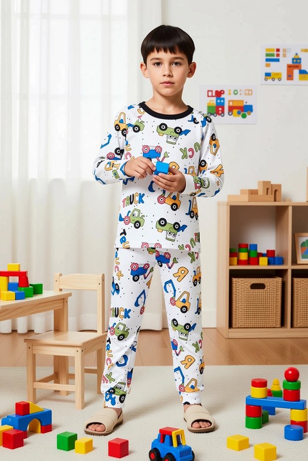 Boys' Crew Neck Standard Sleeve Regular Fit Printed Knitted Pajama Set Functional Sportswear