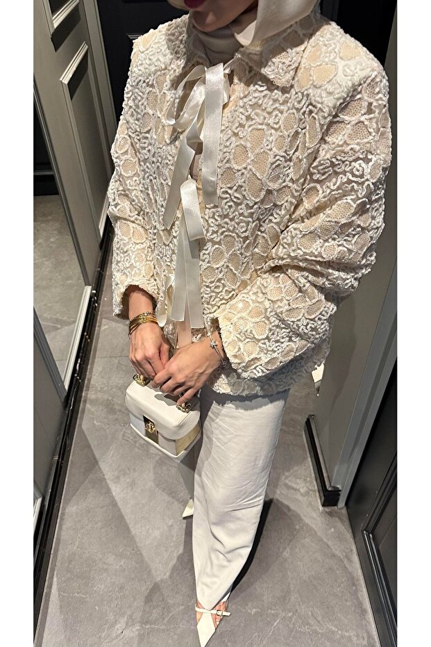 İthal Pullu Desenli Dantel Ceket - 4