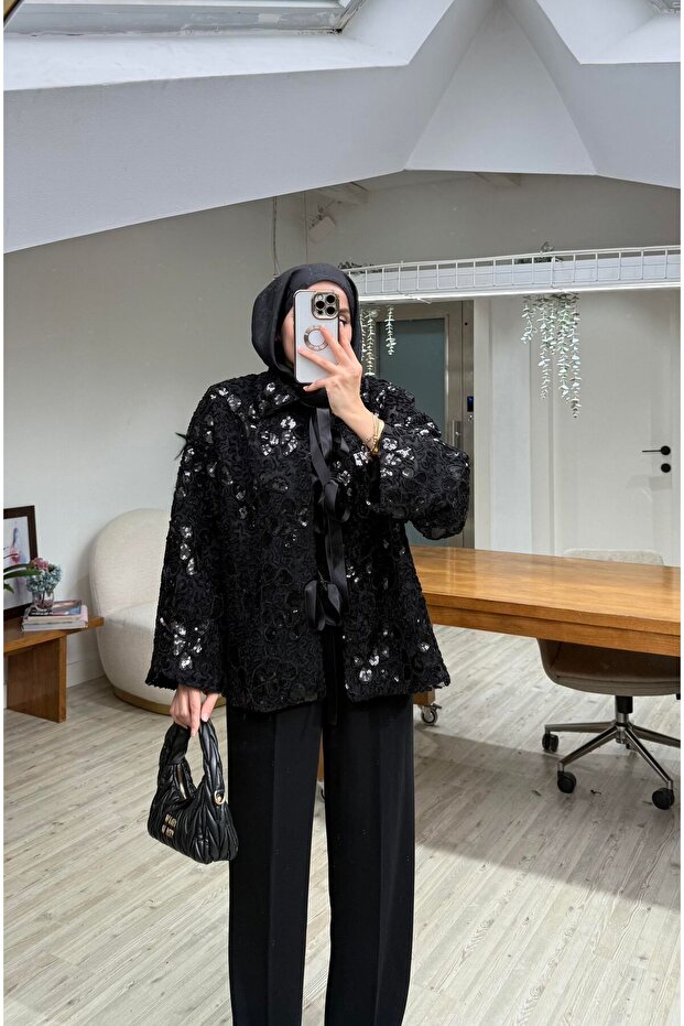 İthal Pullu Desenli Dantel Ceket - 1