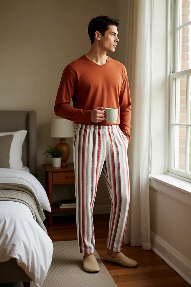 Men's Regular Striped V-Neck Long Sleeve Knitted Pajama Set Functional Stylish