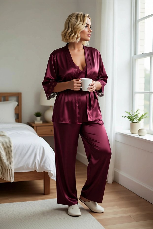 Women's V-Neck Long Sleeve Regular Fit Satin Woven Pajama Set Functional Durable Comfortable