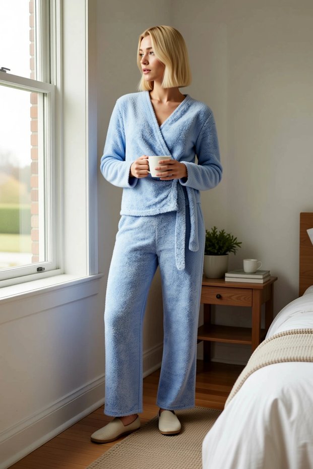 Women's Double-Breasted Collar Wellsoft Winter Knitted Pajama Set V-Neck Standard Sleeve Regular Fit
