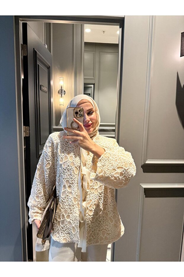 İthal Pullu Desenli Dantel Ceket - 3