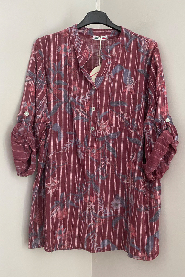 Women's Italian Burgundy Three-Button Placket Collar Striped Ivy Pattern Pocketed 100% Cotton Blouse