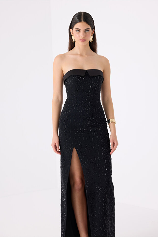 Yırtmaçlı Straplez Uzun Elbise - 5