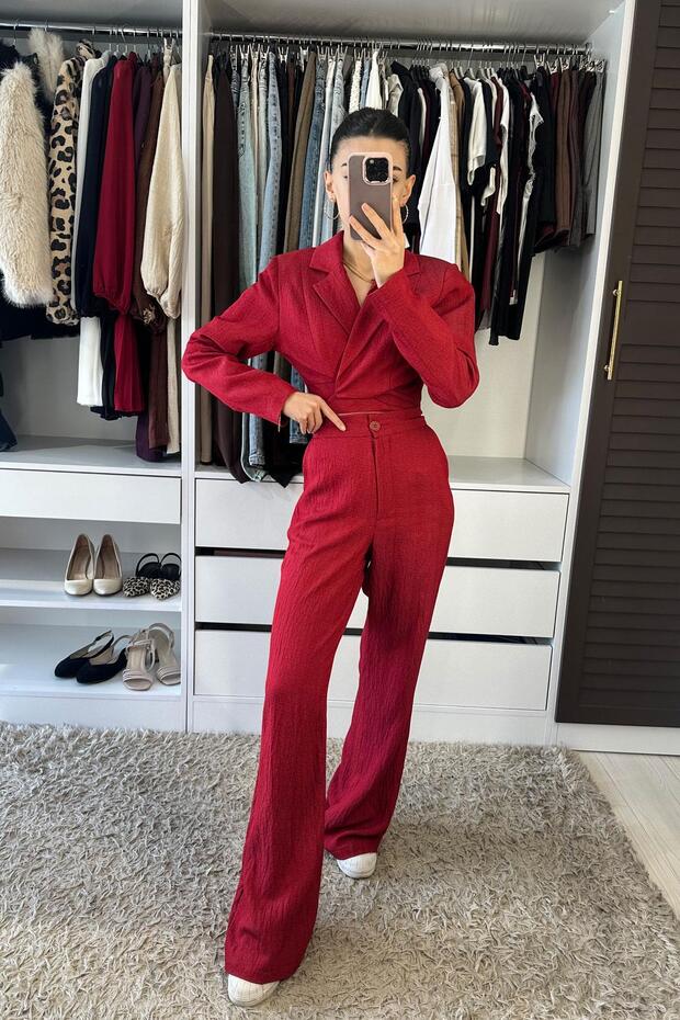 طقم جالي فرونت حواف أسطوانية سترة قصيرة - أحمر - 1