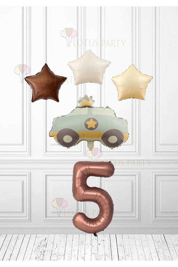Brown Star Cream Star Balloon Cream Blue Color Police Car Balloon - Brown Number Balloon 1 Year Old