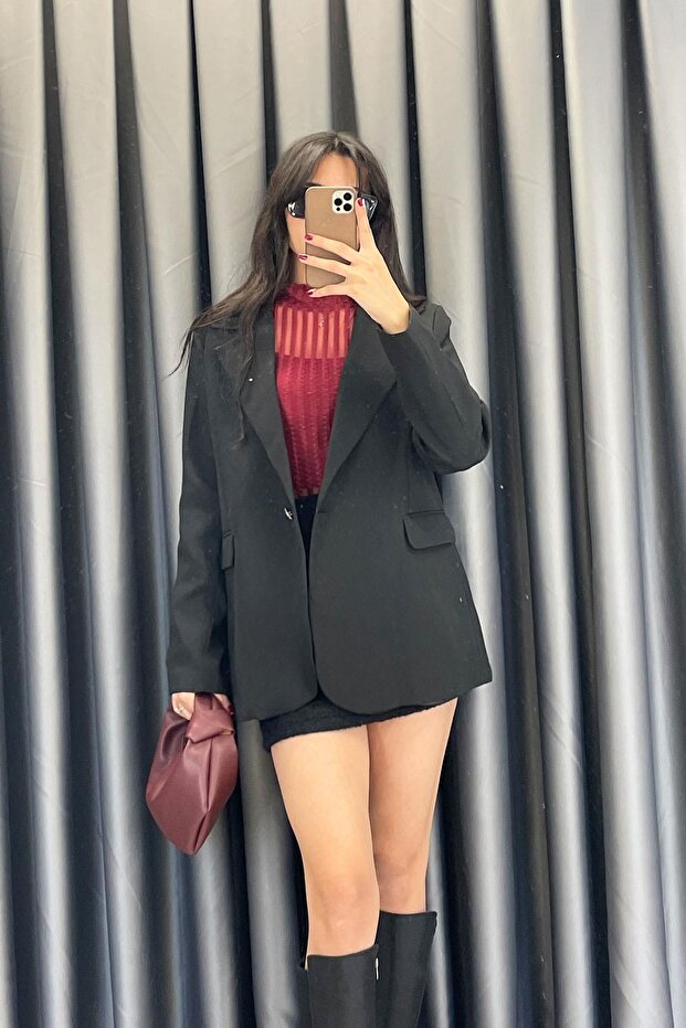 جاكيت بليزر بزر واحد - أسود أسود - 1