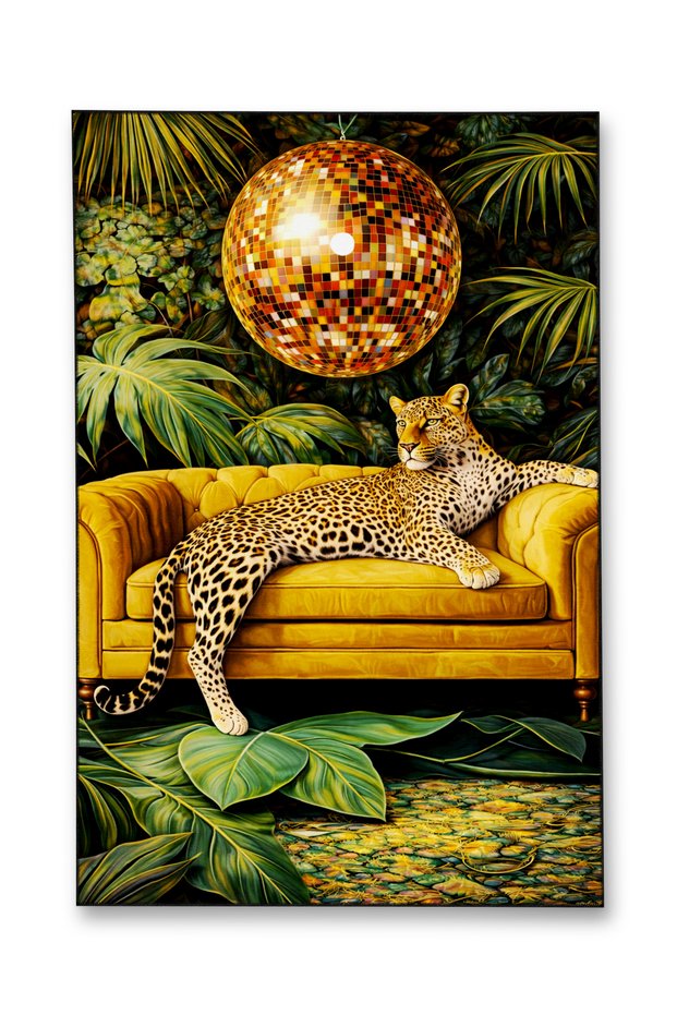 Mosso Yellow Themed Disco Ball and Cheetah Pattern Woven Base Modern Decorative Carpet Mosso2152