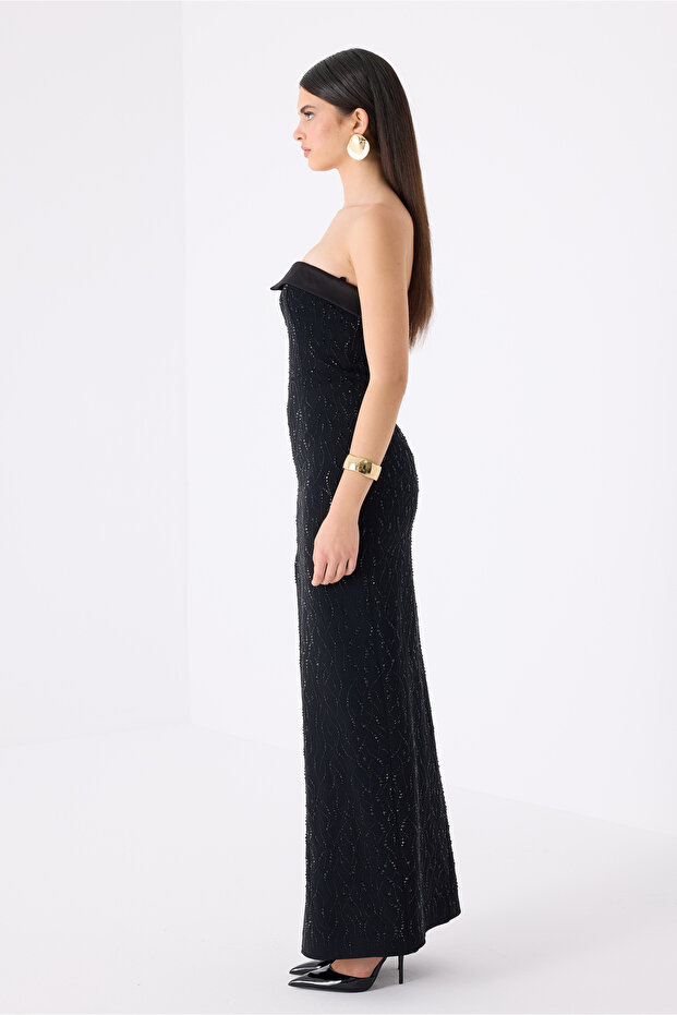 Yırtmaçlı Straplez Uzun Elbise - 2