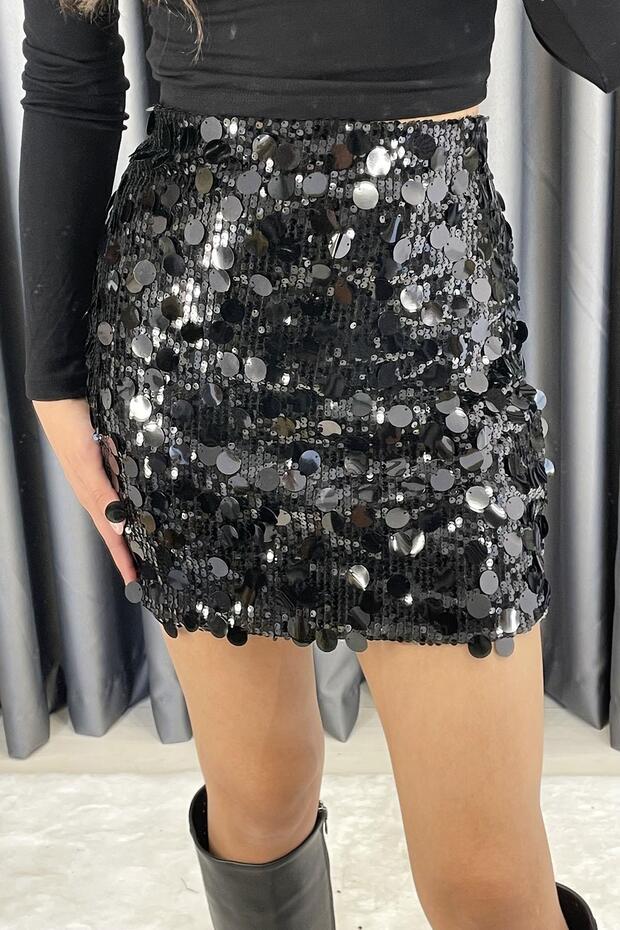 Pullu Analı Kızlı Mini Etek - Siyah SİYAH - 2