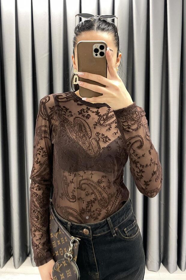 بلوزة شفافة بنمط مطبوع - بني بني - 4