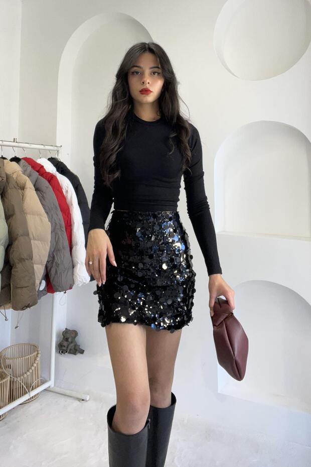 Pullu Analı Kızlı Mini Etek - Siyah SİYAH - 4