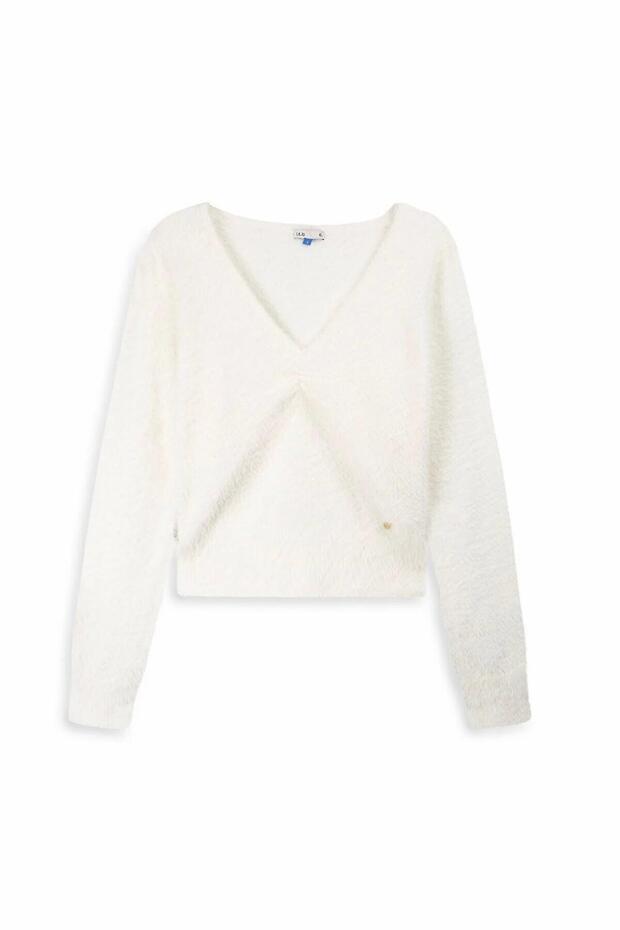 Long Sleeve V-Neck Basic White Sweater - 2