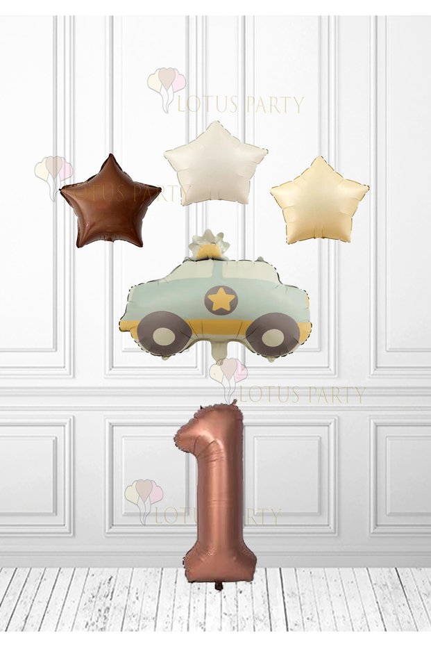 Brown Star Cream Star Balloon Cream Blue Color Police Car Balloon - Brown Number Balloon 1 Year Old