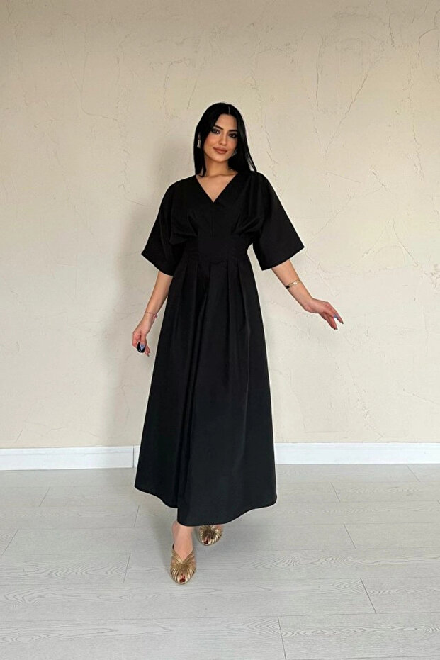 Black Pleated Long Dress - 1