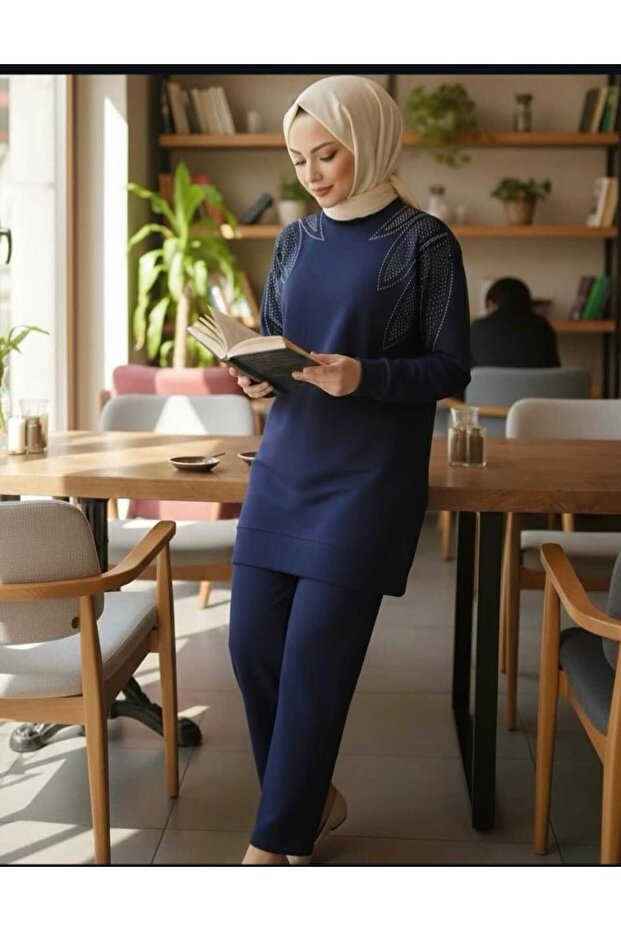 stone detailed jersey two-piece modest set