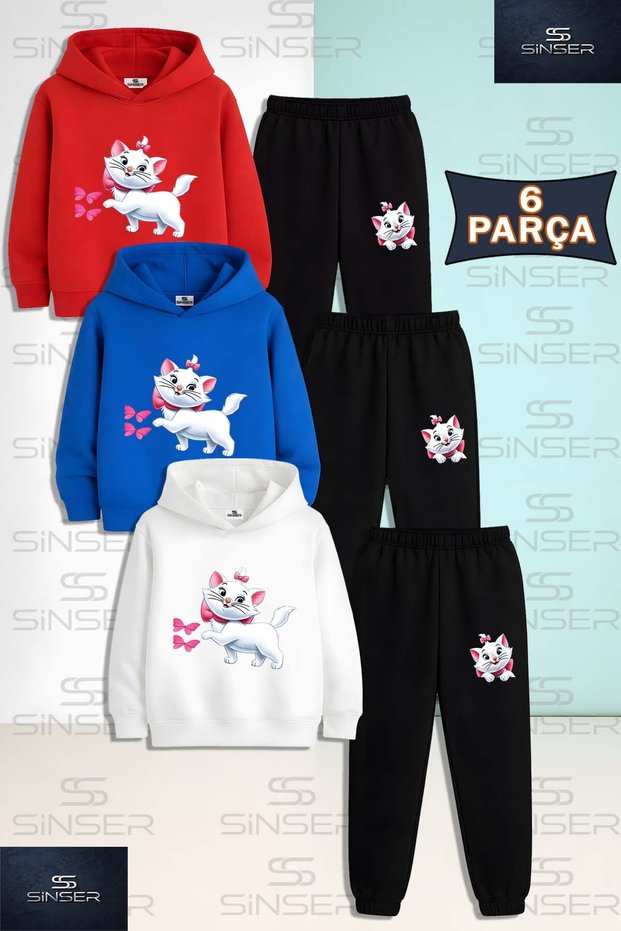 Children's Unisex 3-Piece Hooded Tracksuit Set with a Design of a Cat with a Ribbon and a Butterfly.