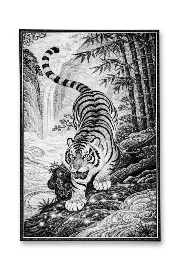 Mosso Gray Tones Tiger in the Forest Pattern Woven Base Modern Decorative Carpet Mosso2156
