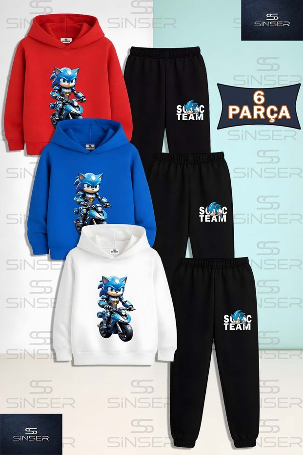 Children's Unisex Sonic Motorcycle Riding B Printed 3-Piece Set with Hoodie and Sweatpants