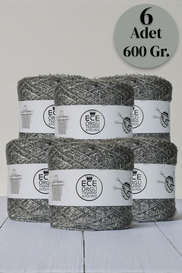 Silver Tassel Glitter Knitting Yarn between Two Layers of Grey Angora (600 Gr.)