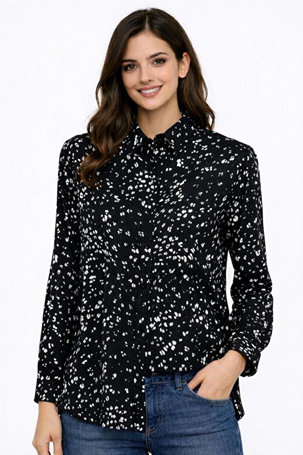 Women’s Black Printed Long Sleeve Button-Down Shirt – Soft Woven Polyester Top