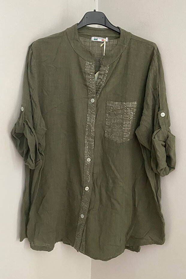 Women's Italian Khaki Placket Collar Sequin Detailed Pocket Foldable 3/4 Sleeve 100% Cotton Linen Shirt Blouse