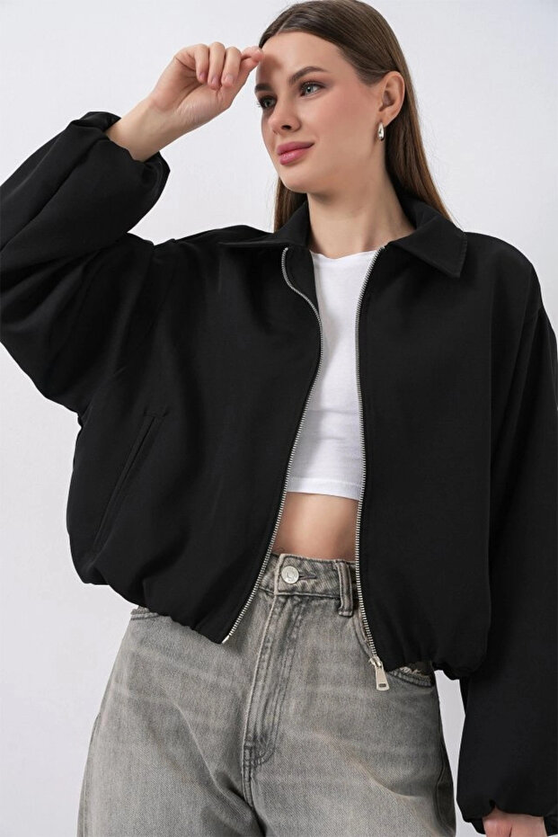 قصة فضفاضة سترة بسحاب 0735 - أسود - 4