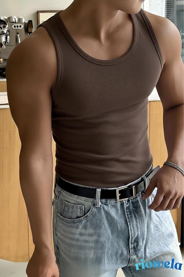 Men's Tshirt Sleeveless Undershirt Halter Neck Stretch Fabric Cotton White