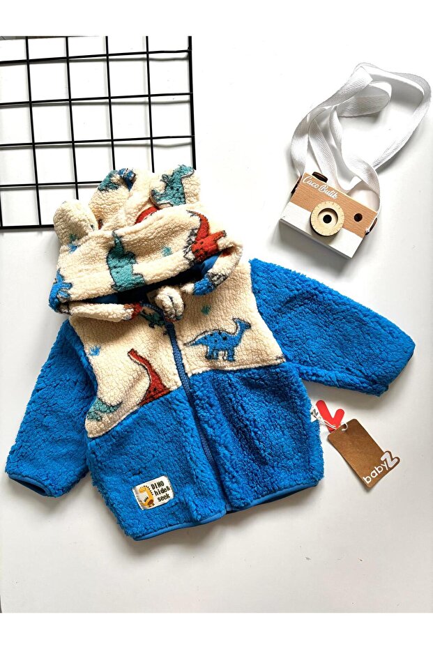 Baby Boy Dinosaur Printed in Fleece-Lined Hooded Zippered Teddy Welsoft Coat