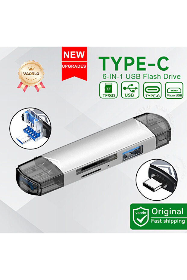 قارئ بطاقات USB 3.0 متعدد الوظائف 6 في 1 فضي اللون - جديد، يدعم تقنية OTG، يدعم أقراص USB من النوع C/USB/TF/SD
