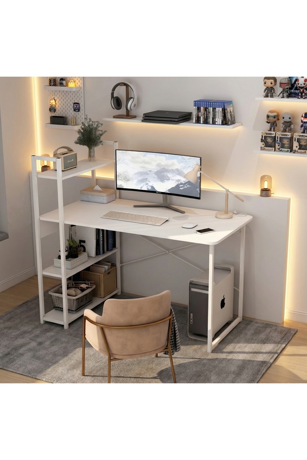 Home Office Writing Computer Desk 100x55x110cm Modern Simple Study Table with Bookshelf