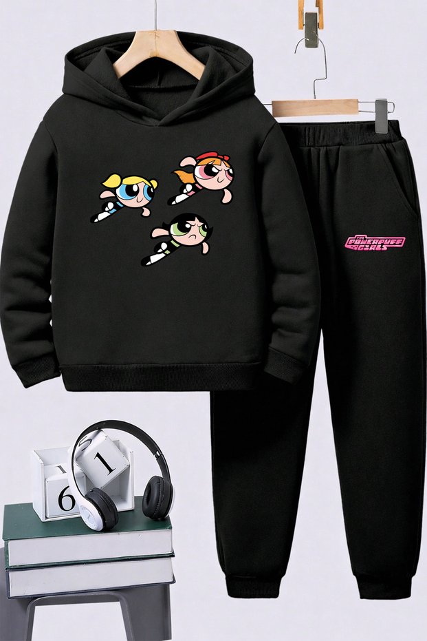 Powerpufl Girls Printed Children's Premium Sweatshirt Set 2-Piece Set Hoodie Bottom Top Set