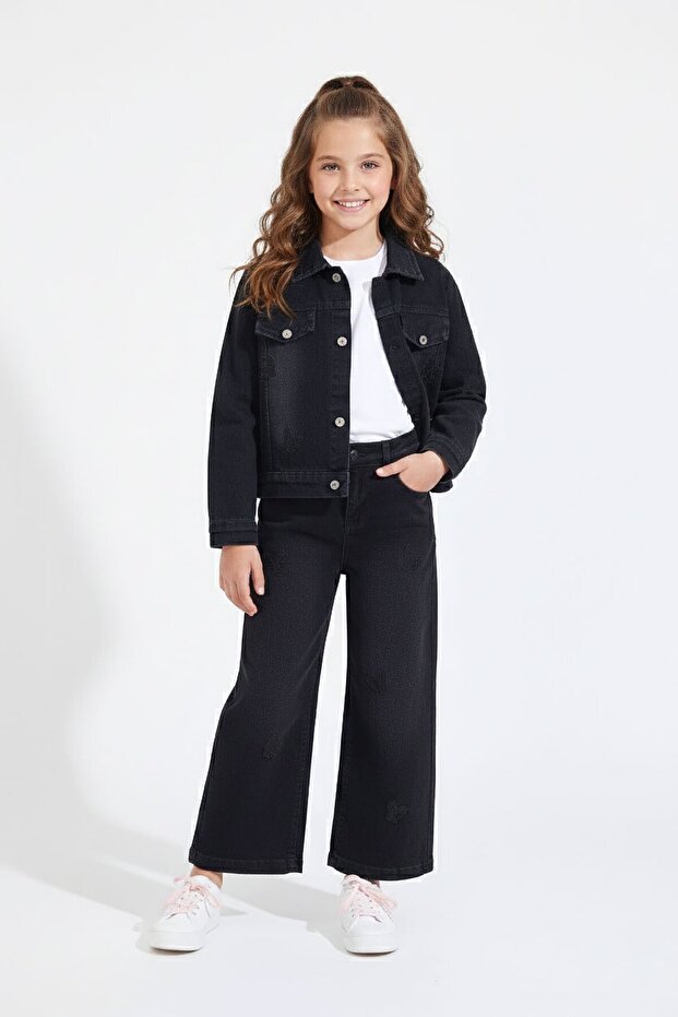 Girls' Jean Set with Black Butterfly Embroidered Button-Down Jacket and Pants 23445
